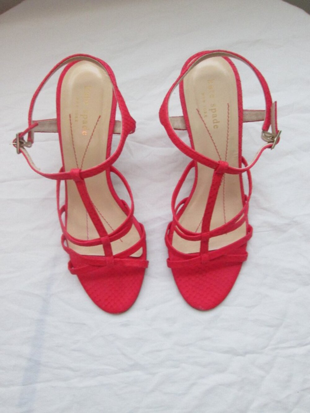 Kate Spade leather snakeskin strappy T-strap wedges